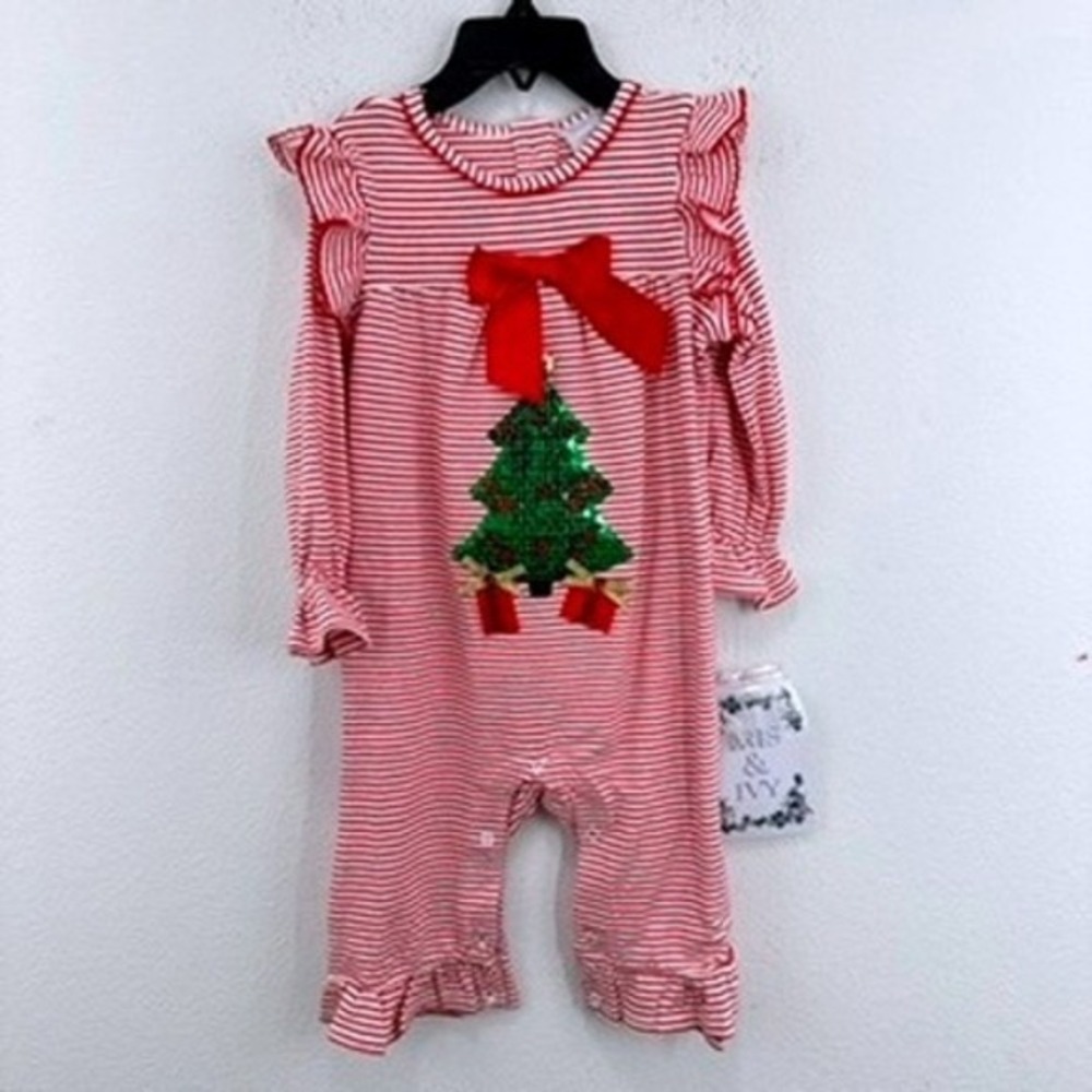 Iris & Ivy Baby Girl Christmas Romper 18M Red White Stripe Sequin Tree Holiday